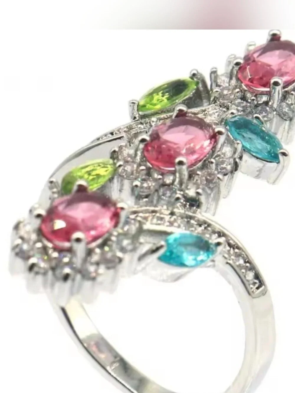 💚🩷NEW💚🩷 STUNNING!! PINK MORGANITE, AQUAMARINE, PERIDOT & CZ'S Ring